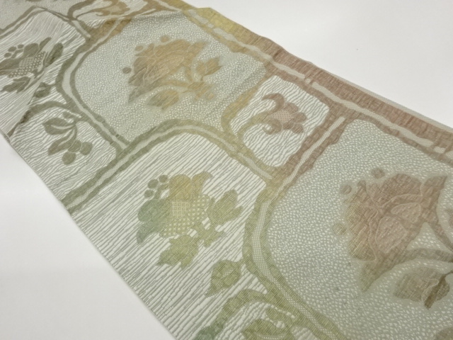 JAPANESE KIMONO / CHIKUZEN HAKATA / ABSTRACT FLOWER-LEAF PATTERN WOVEN